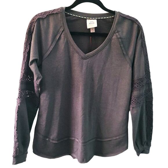Knox Rose Womens Sz XS Dark Gray Pull Over Sweater Lace Crochet Detail Sleeves - Picture 1 of 7